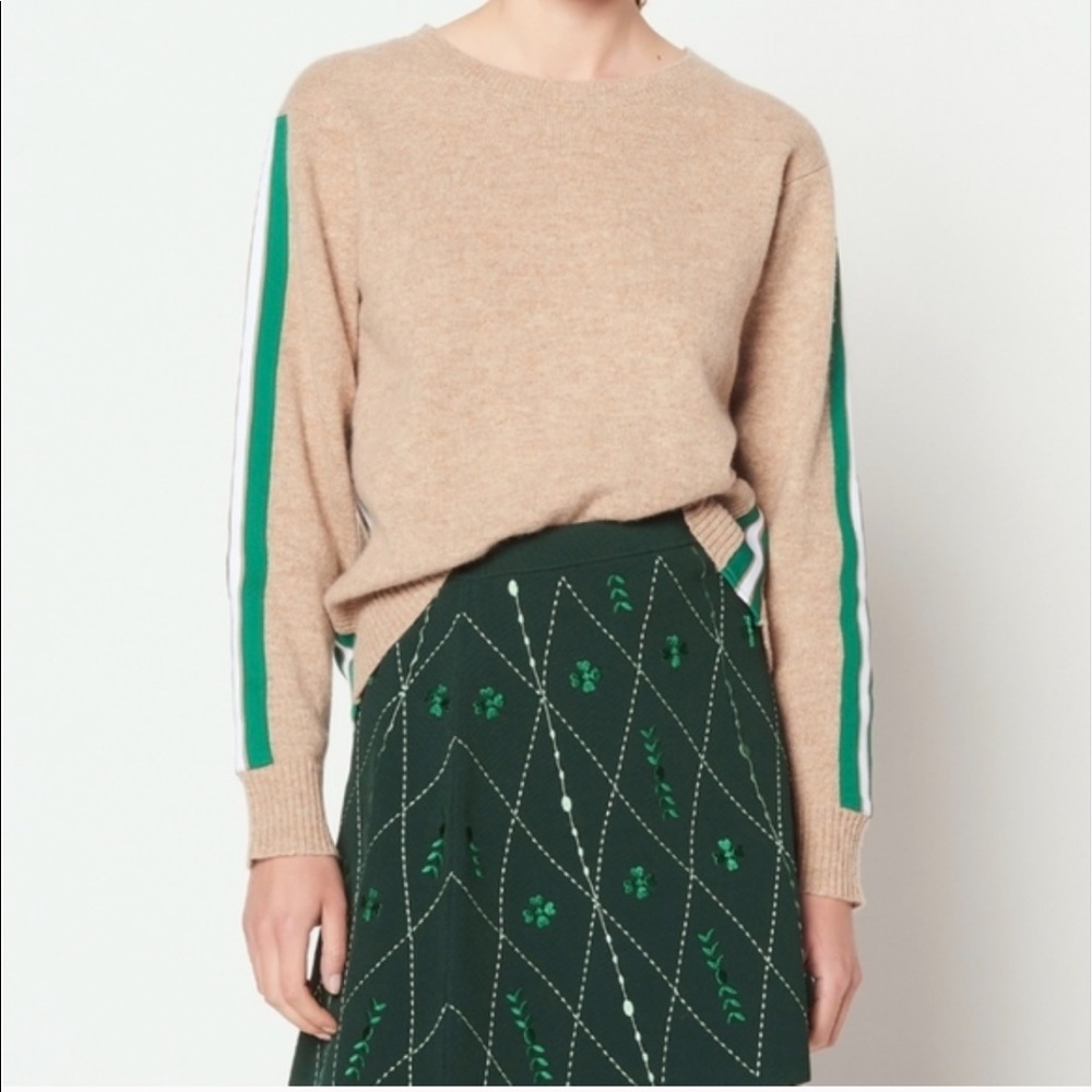 Sandro amour tan brown green white stripe long sleeves crewneck wool sweater top - Picture 4 of 13